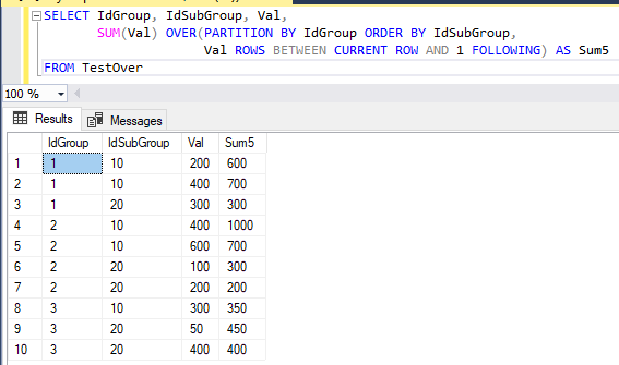 Результат выполнения команды SELECT с агрегатной оконной функцией SUM, содержащей предложение ROWS