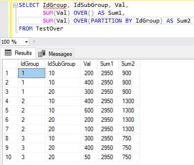 Результат выполнения команды SELECT с агрегатной оконной функцией, содержащей предложение PARTITION BY