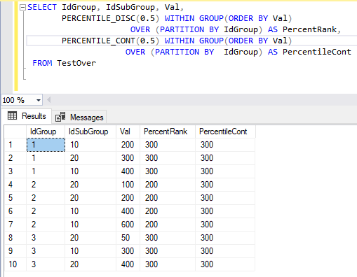 Результирующая таблица выполнения команды SELECT с аналитическими оконными функциями PERCENTILE_DISC