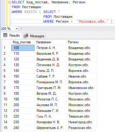 Запрос с некоррелированным подзапросом и оператором EXISTS